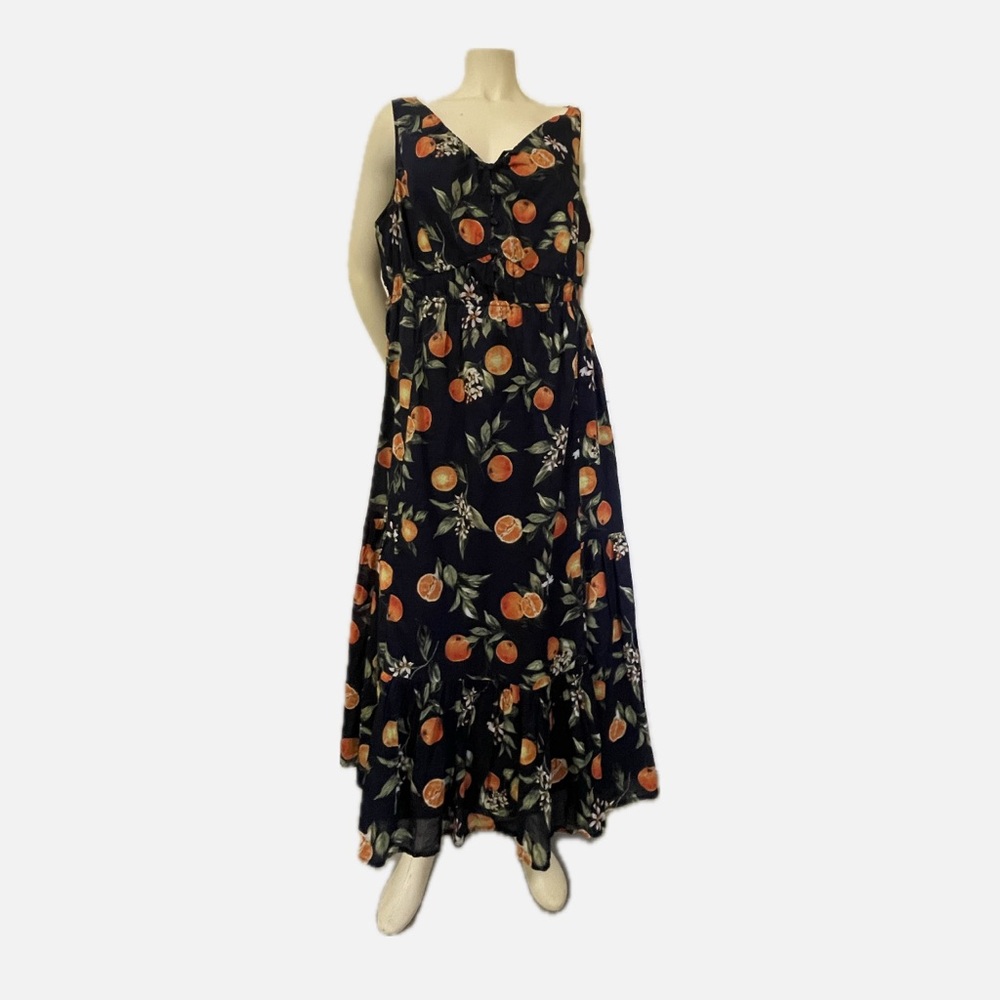 Orange Print on Navy Blue Maxi Dress